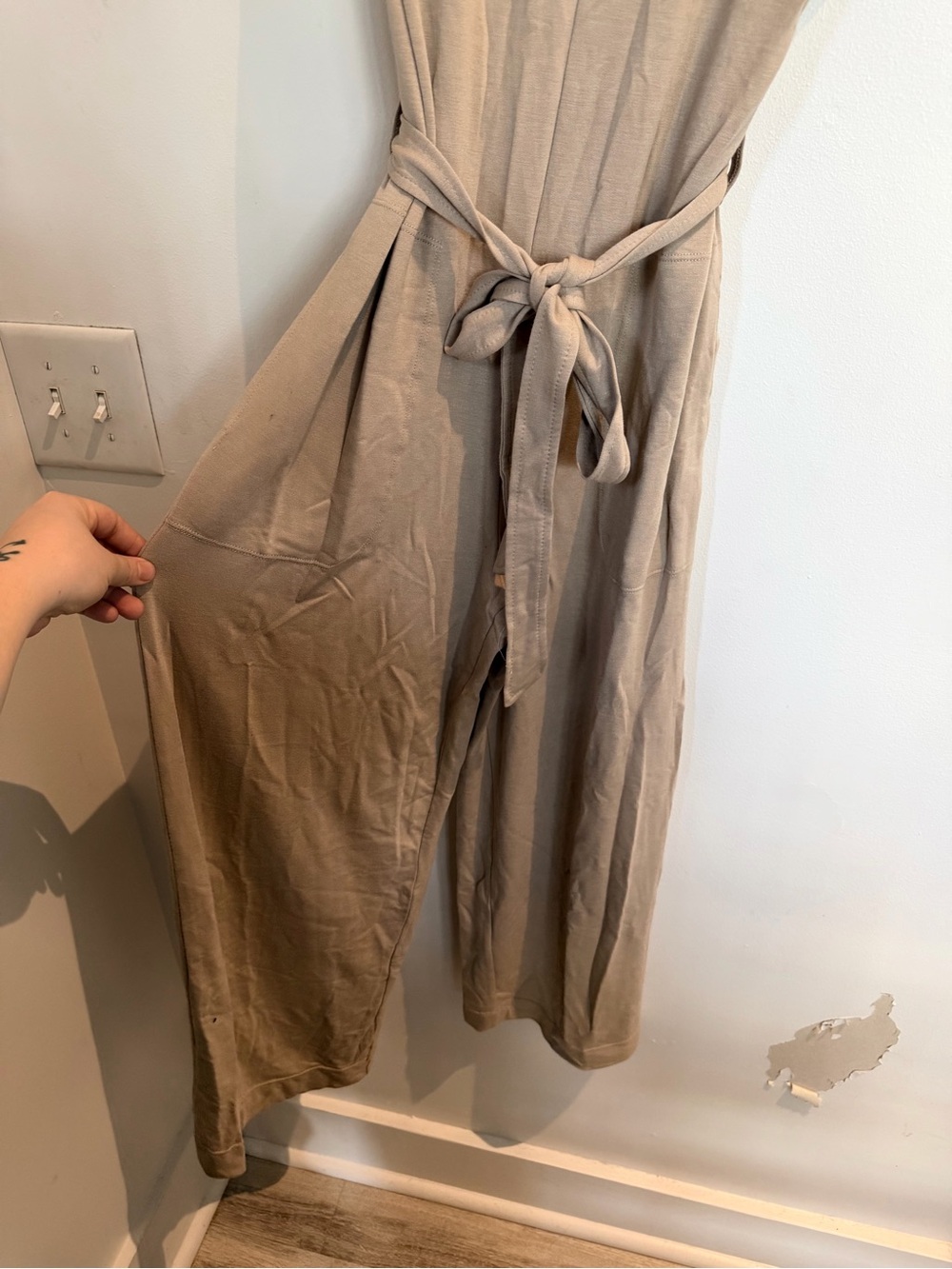 Sleeveless Taupe Tie-Waist Wide Leg Jumpsuit - Picture 2 of 3